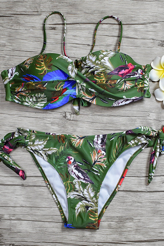 Green Print Side-Tie Swimsuit