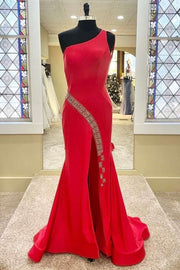 Red Satin Beaded One-Shoulder Backless Long Formal Dress