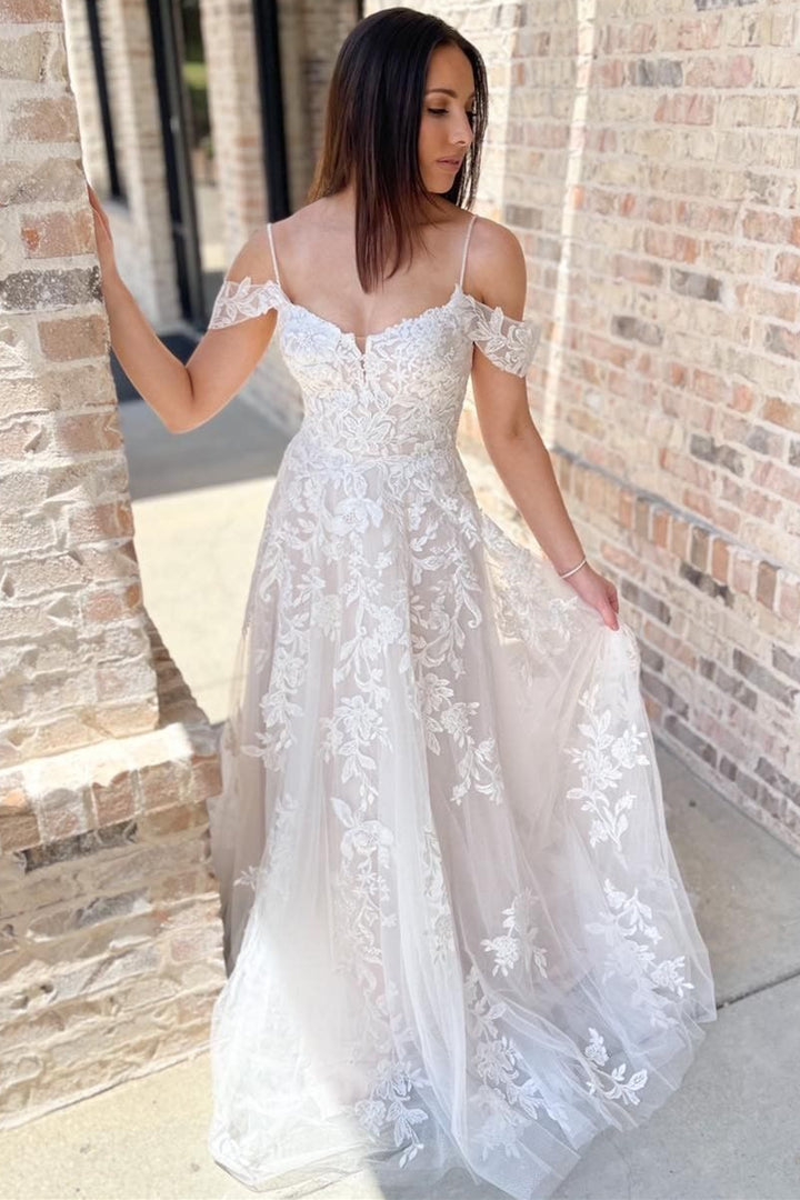 Cold-Shoulder White Lace A-Line Long Wedding Dress
