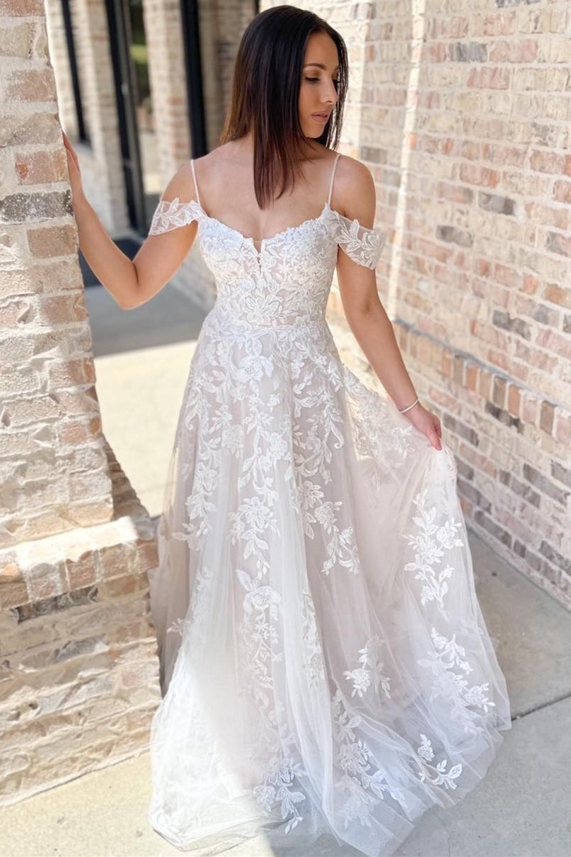 Cold-Shoulder White Lace A-Line Long Wedding Dress Modsele Cold-Shoulder White Lace A-Line Long Wedding Dress Modsele