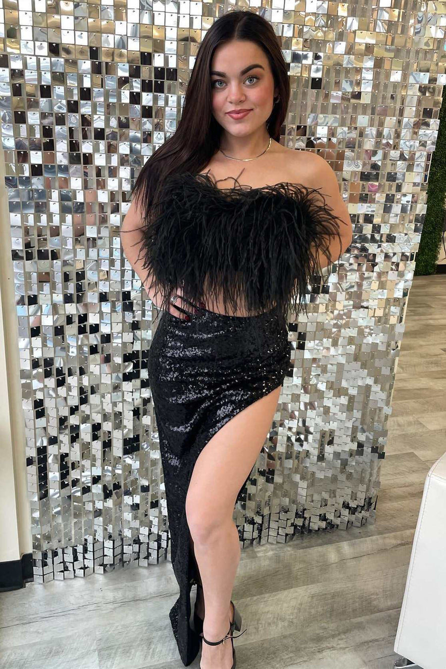 Two-Piece Black Feather High-Low Prom Dress Modsele Two-Piece Black Feather High-Low Prom Dress Modsele