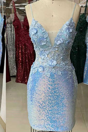 Light Blue Sequin Appliques Bodycon Homecoming Dress