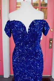 Royal Blue Sequin Off-the-Shoulder Backless Prom Dress