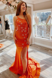 Orange Beaded Stars One-Shoulder Lace-Up Mermaid Prom Dress