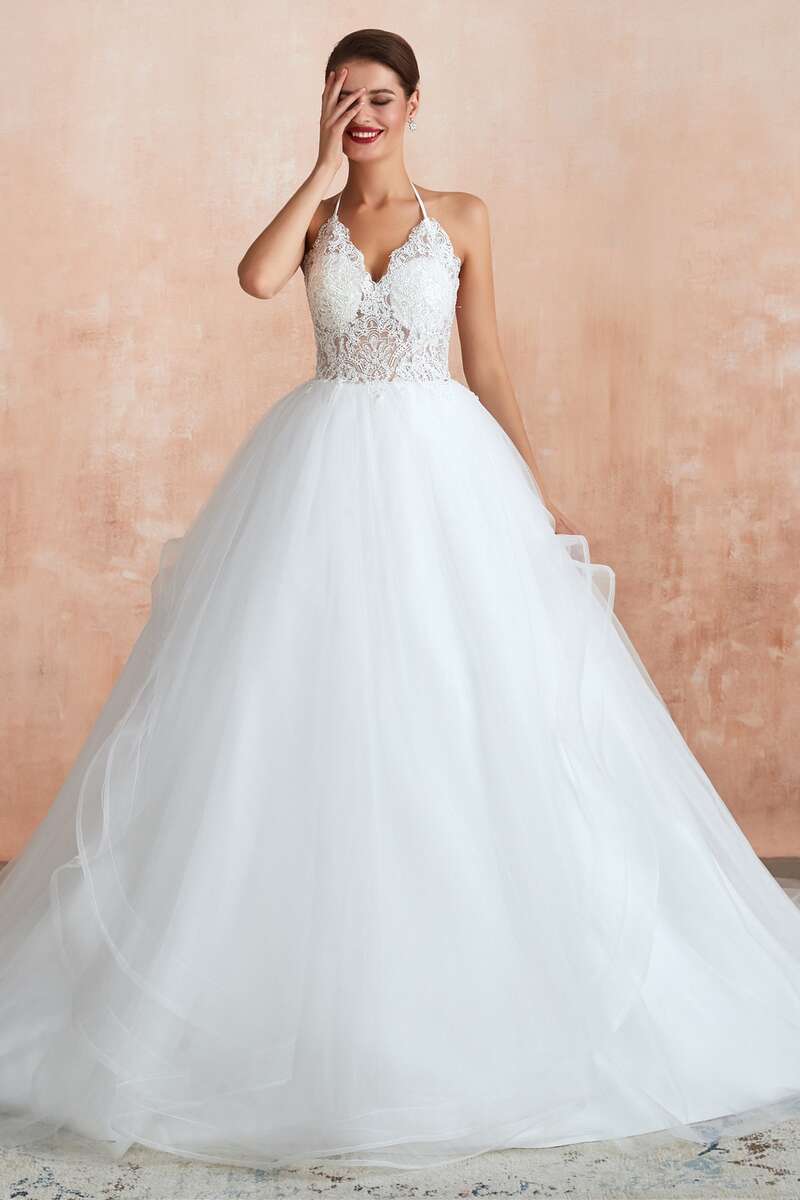 Chic Lace Halter Backless A-Line Wedding Dress