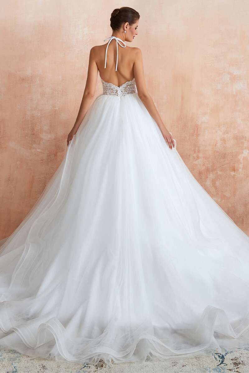 Chic Lace Halter Backless A-Line Wedding Dress