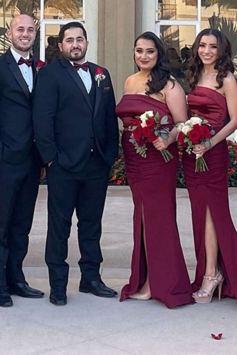 Burgundy Satin Strapless Long Bridesmaid Dress with Slit Modsele Burgundy Satin Strapless Long Bridesmaid Dress with Slit Modsele