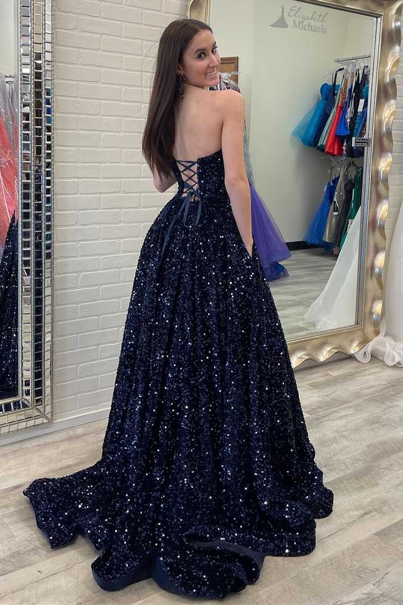 Navy Blue Sequin Strapless A-Line Long Prom Gown Modsele Navy Blue Sequin Strapless A-Line Long Prom Gown Modsele