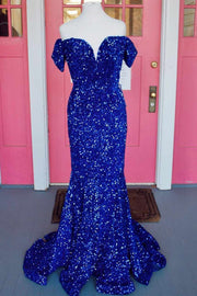 Royal Blue Sequin Off-the-Shoulder Backless Prom Dress