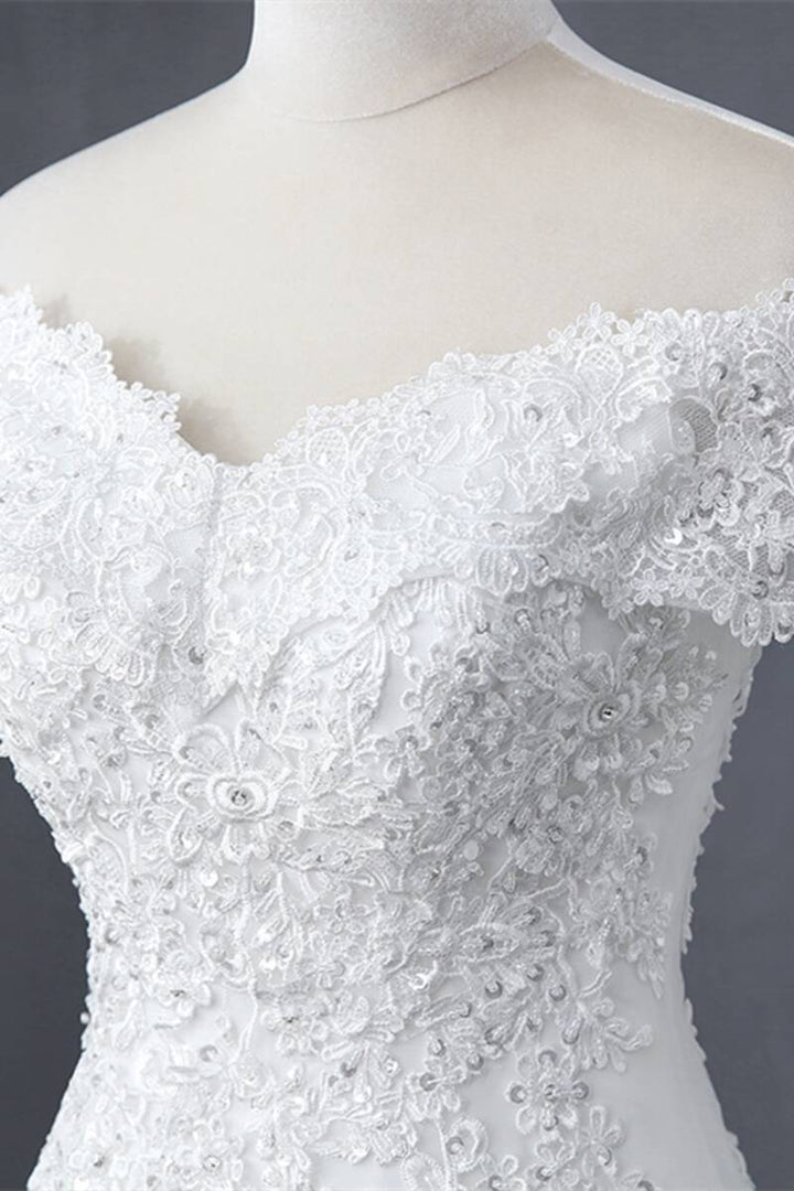 White Floral Lace Off-the-Shoulder Trumpet Wedding Dress