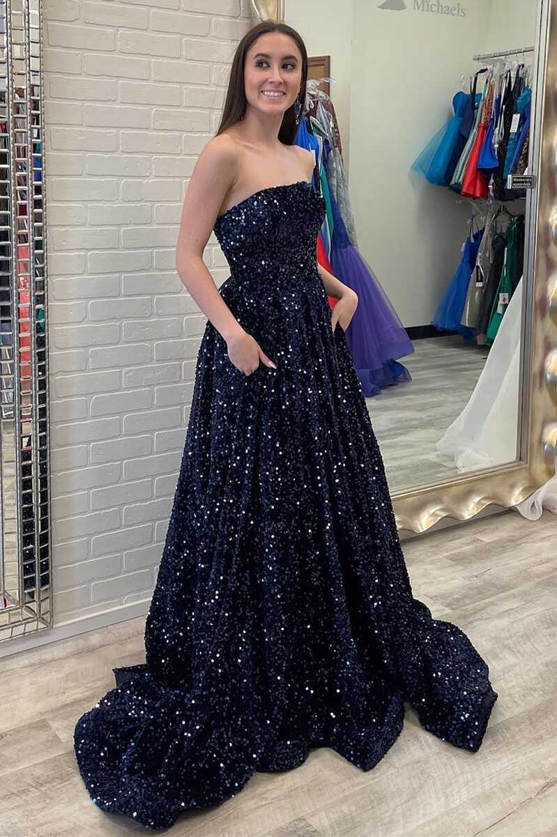 Navy Blue Sequin Strapless A-Line Long Prom Gown