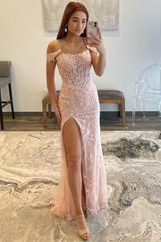 Pink Floral Lace Cold-Shoulder Mermaid Long Prom Dress with Slit