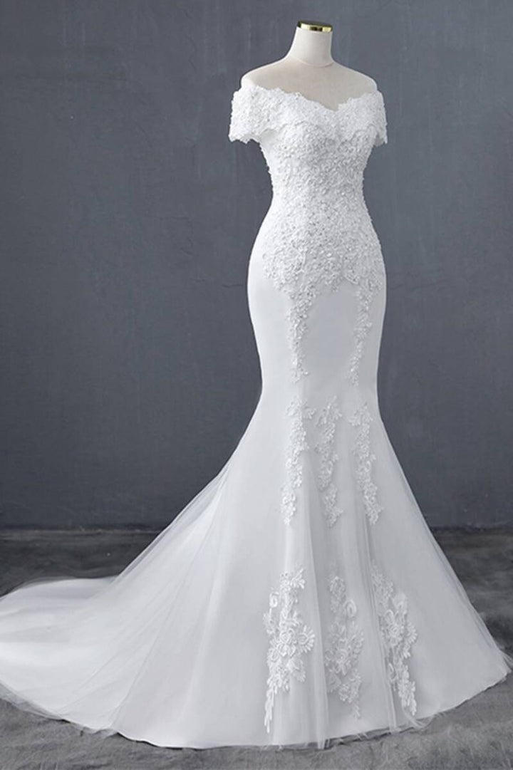 White Floral Lace Off-the-Shoulder Trumpet Wedding Dress