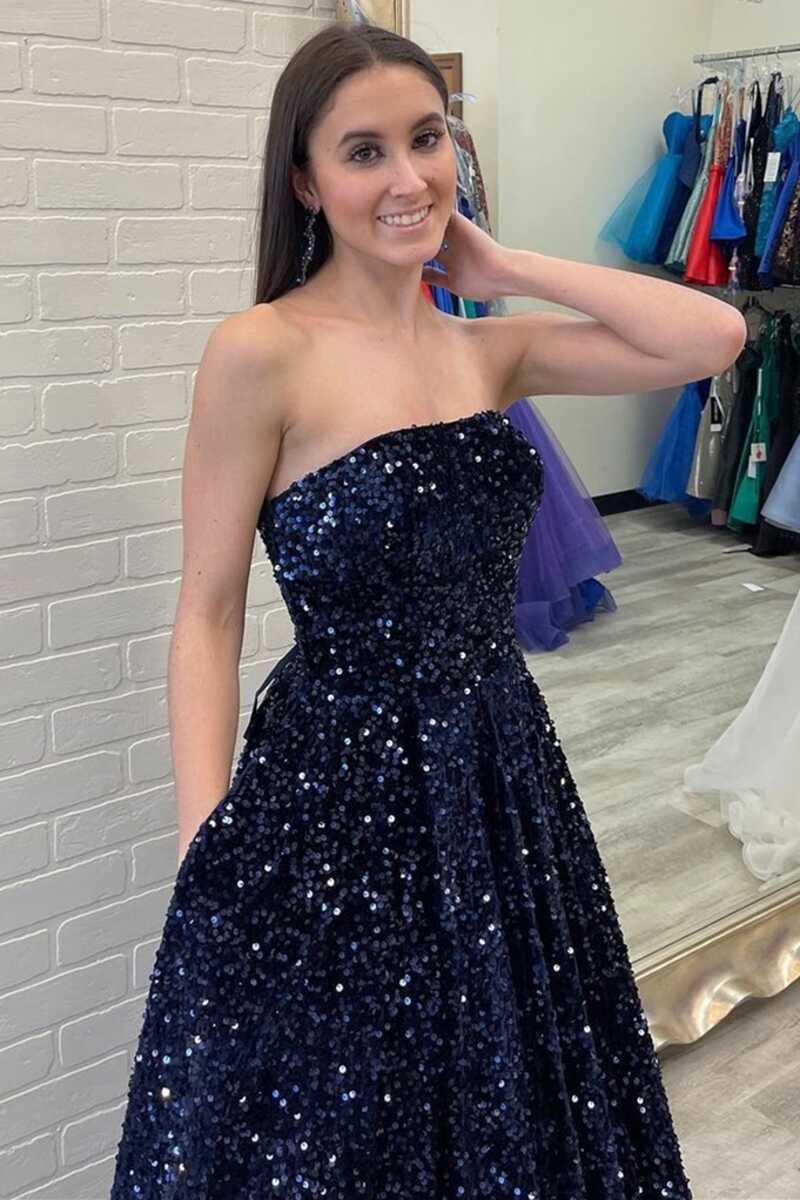 Navy Blue Sequin Strapless A-Line Long Prom Gown Modsele Navy Blue Sequin Strapless A-Line Long Prom Gown Modsele