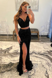 Two-Piece Black Sequin Fringe Long Prom Dress with Slit