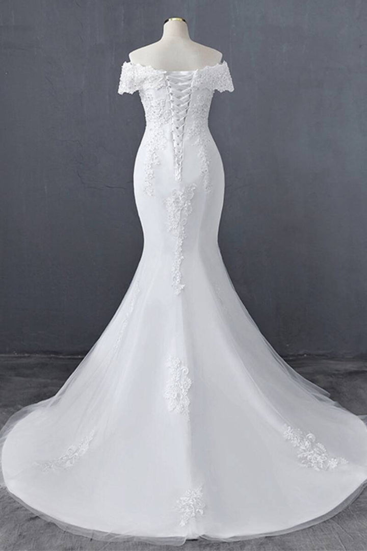 White Floral Lace Off-the-Shoulder Trumpet Wedding Dress