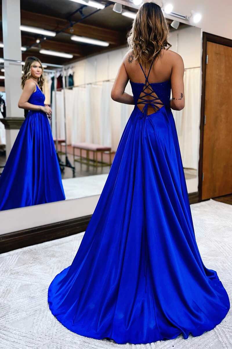 Royal Blue Lace Lace-Up Long Prom Dress