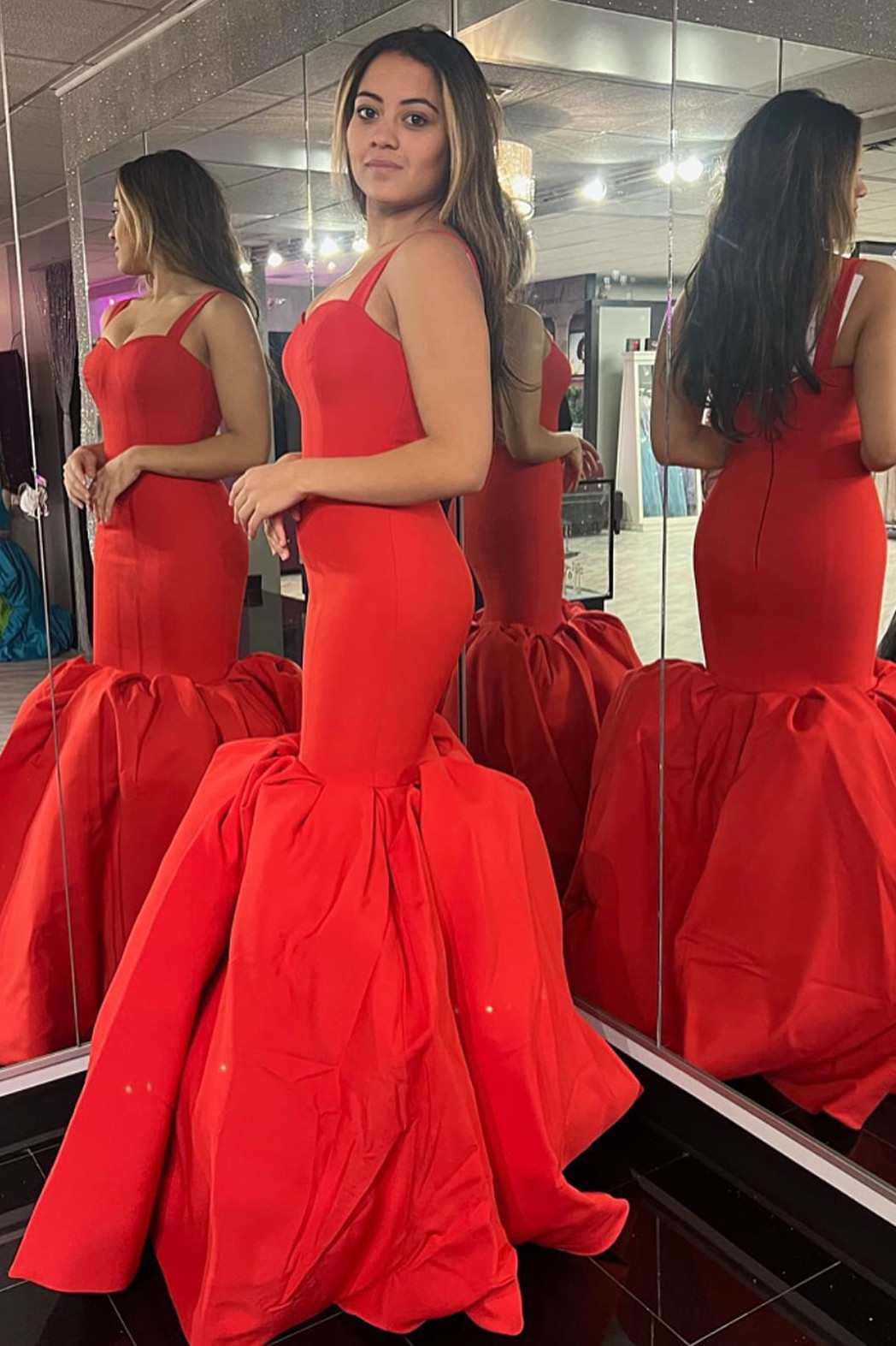 Red Backless Straps Trumpet Long Prom Dress