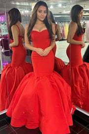 Red Backless Straps Trumpet Long Prom Dress