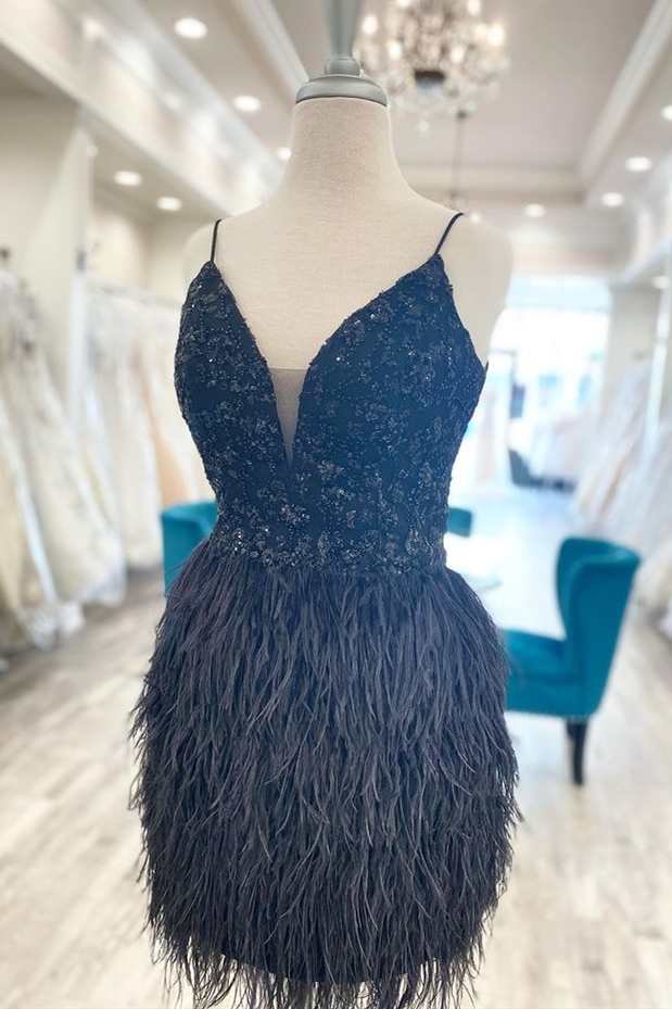 Black Sequin V-Neck Feathered Mini Homecoming Dress