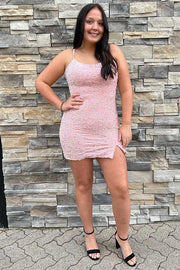 Pink Iridescent Sequin Lace-Up Short Homecoming Dress