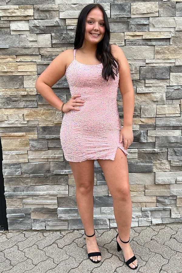 Pink Iridescent Sequin Lace-Up Short Homecoming Dress