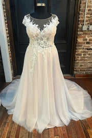 White Round Neck Cap Sleeve A-Line Long Wedding Dress