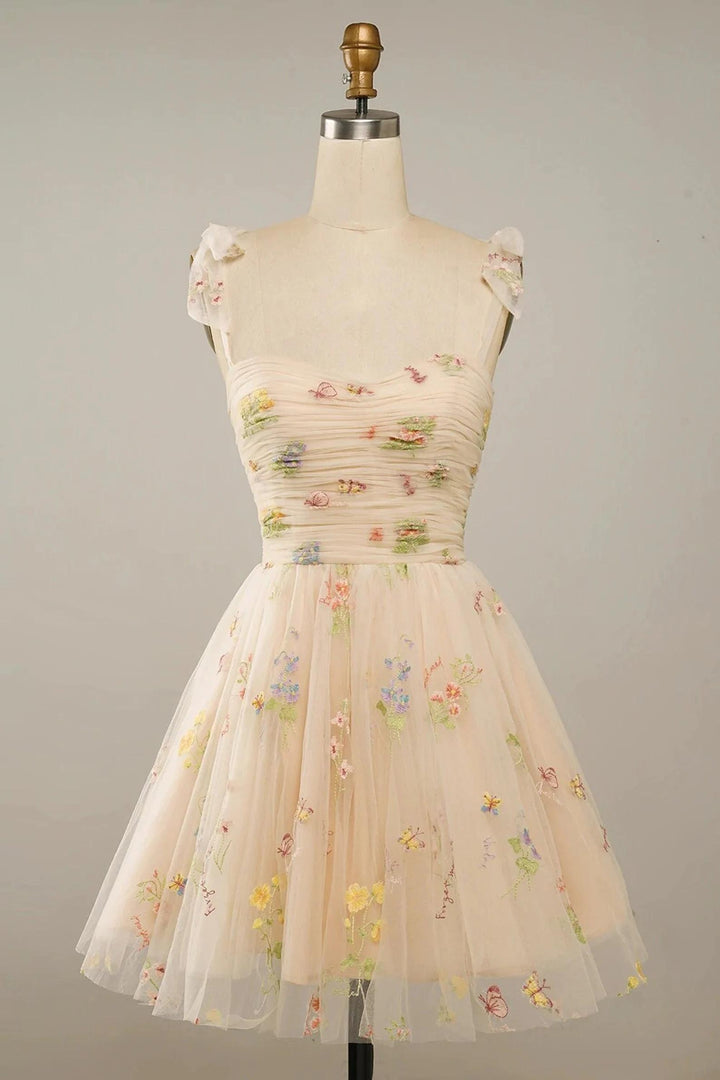 Nude Floral Print A-Line Short Homecoming Dress