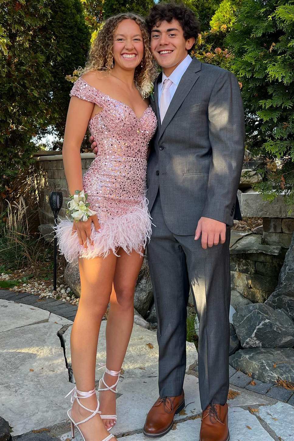 Pink Sequin Off-the-Shoulder Lace-Up Feathers Homecoming Dress – Modsele