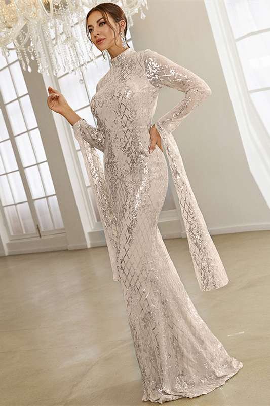 Silver High-Collar Long Sleeve Mermaid Formal Dress