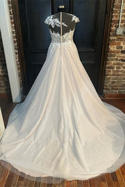 White Round Neck Cap Sleeve A-Line Long Wedding Dress