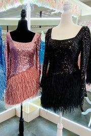 Pink Sequin Feather Square Neck Long Sleeve Short Cocktail Dress