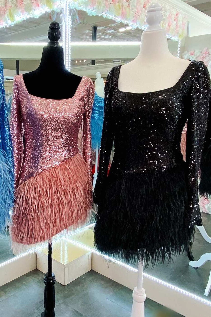 Pink Sequin Feather Square Neck Long Sleeve Short Cocktail Dress