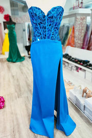 Blue Broken Mirrors Sweetheart Long Prom Dress with Slit