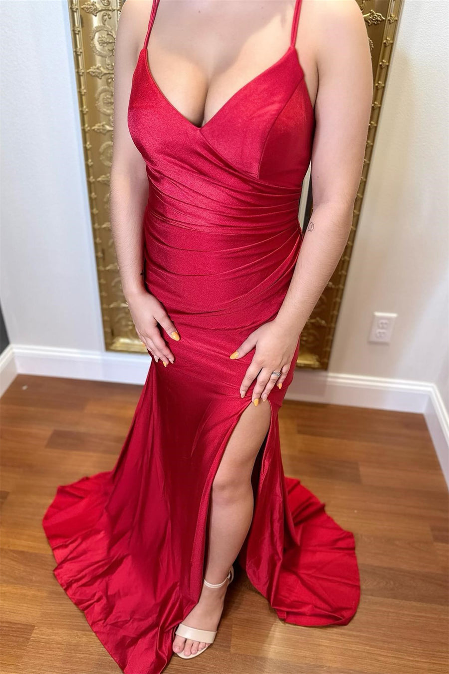 Red Surplice Pleated Satin Double Straps Long Prom Dress with Slit