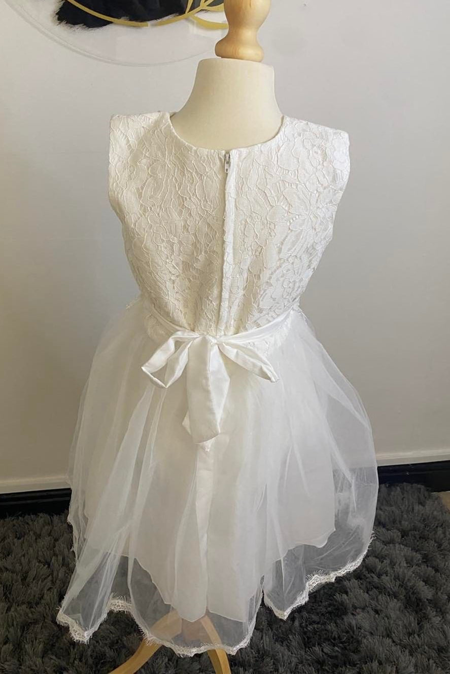White Lace Pearls Sleeveless Tie-Back Girl Party Dress