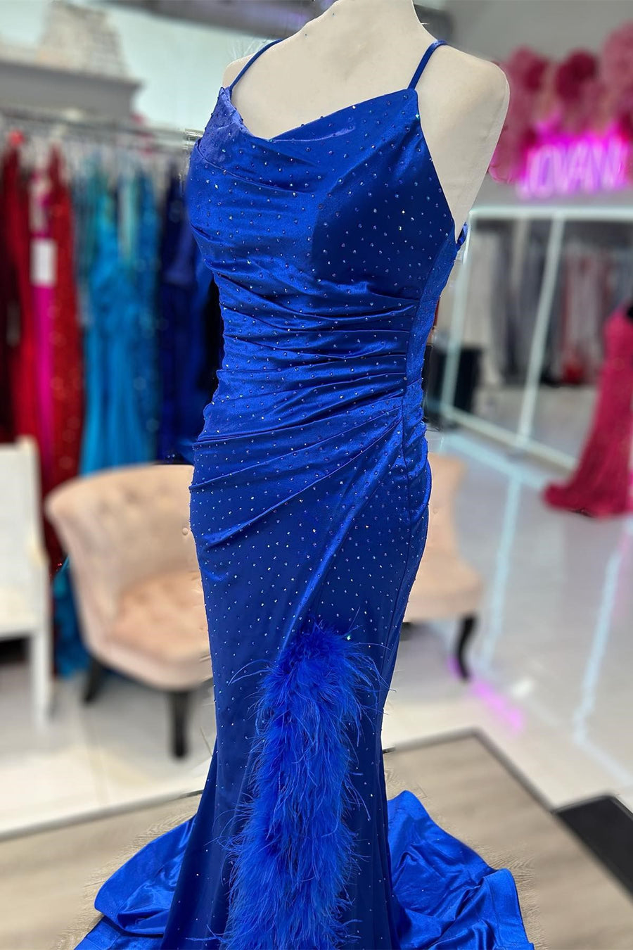 Royal Blue Beaded Lace-Up Back Long Prom Dress with Trim Slit