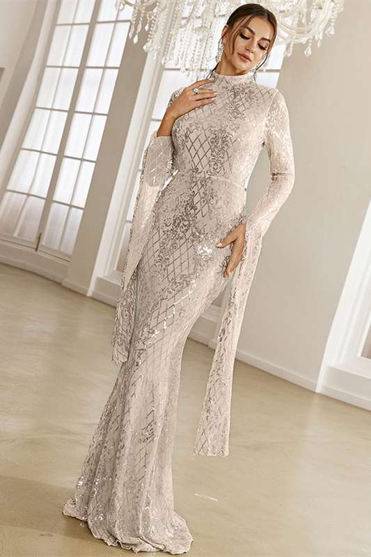 silver long sleeve mermaid dress Mermaid Chic Silver Backless Lone-Sleeves V-Neck Sequins Evening Dresses