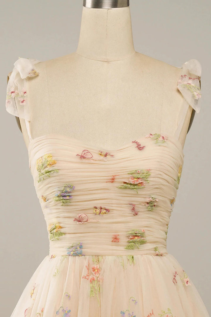 Nude Floral Print A-Line Short Homecoming Dress
