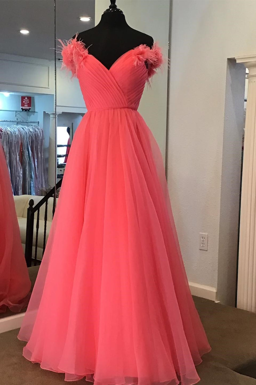 Pink Princess Off-the-Shoulder Feather A-line Prom Dress