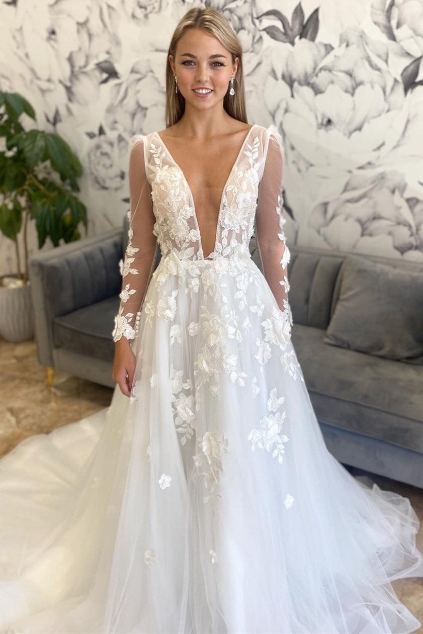 A-Line White Floral Plunging Neck Backless Wedding Dress Modsele A-Line White Floral Plunging Neck Backless Wedding Dress Modsele