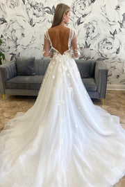 A-Line White Floral Plunging Neck Backless Wedding Dress