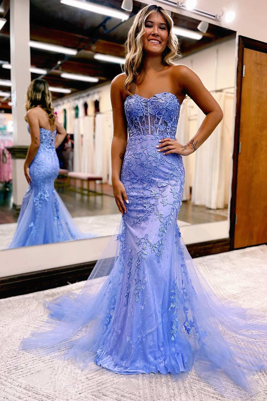 Hot Pink Appliques Sweetheart Lace-Up Trumpet Long Prom Dress Modsele Hot Pink Appliques Sweetheart Lace-Up Trumpet Long Prom Dress Modsele
