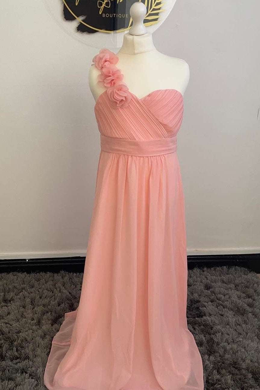 peach one shoulder chiffon dress One Shoulder Unique Peach Chiffon Floor Length Slit Bridesmaid Dress
