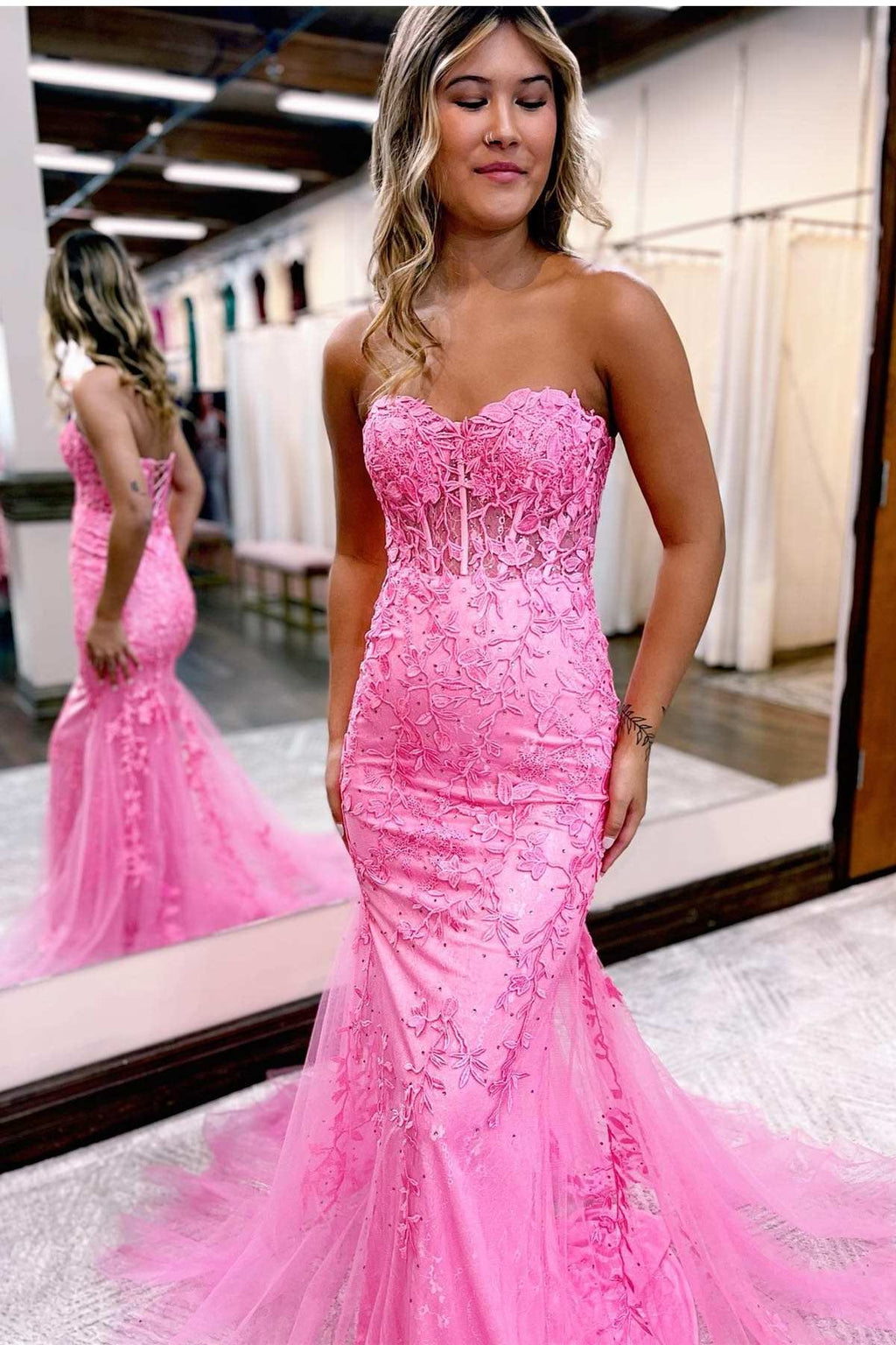 Hot Pink Appliques Sweetheart Lace-Up Trumpet Long Prom Dress – Modsele