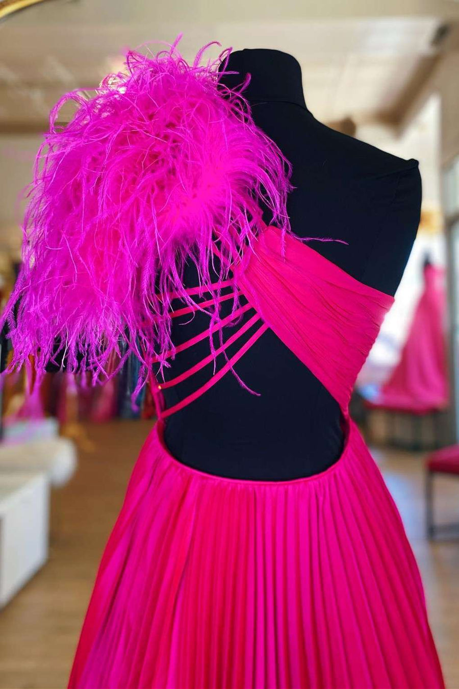 One-Shoulder Neon Pink Keyhole Feathers A-Line Prom Gown