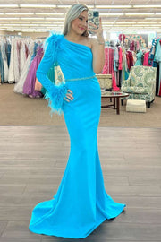 Blue Feather One-Sleeve Mermaid Long Prom Dress