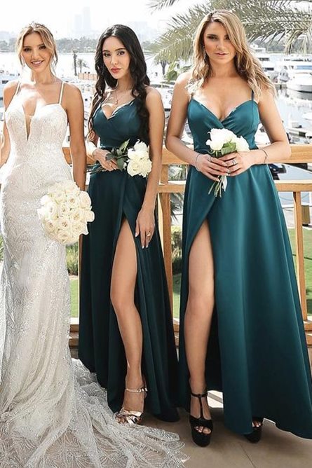 Dark Green Satin V-Neck Straps Bridesmaid Dress with Slit