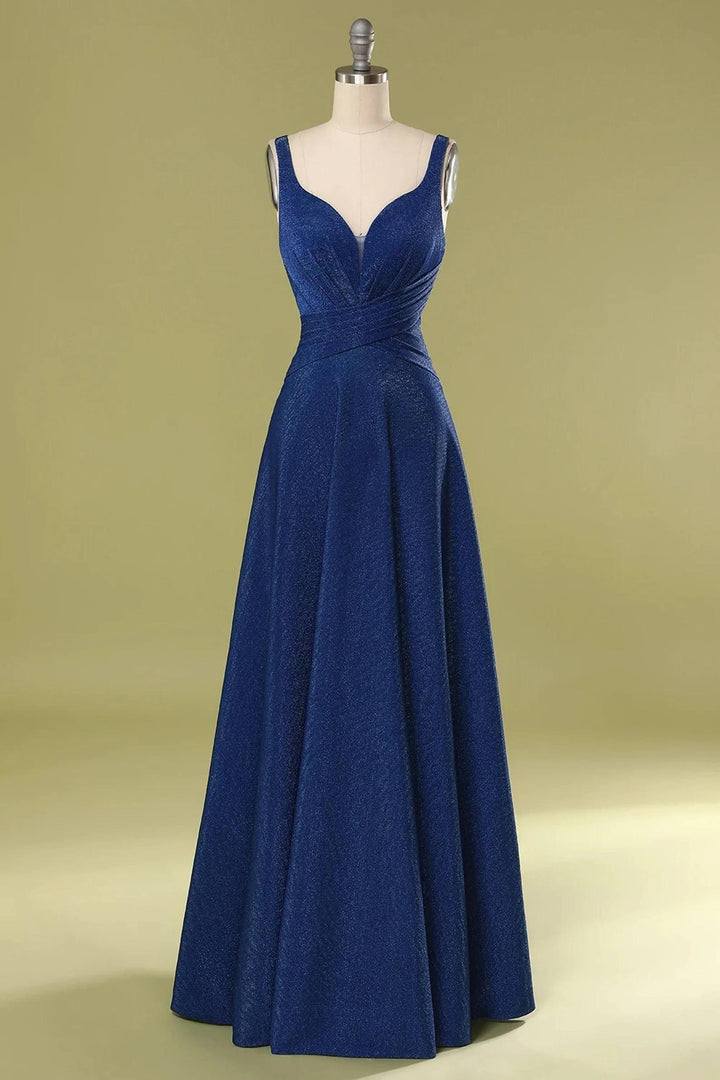 Navy Blue V-Neck Straps Gathered Long Bridesmaid Dress
