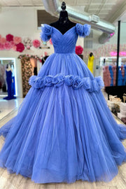 Periwinkle Tulle Off-the-Shoulder Ball Gown with Flowers